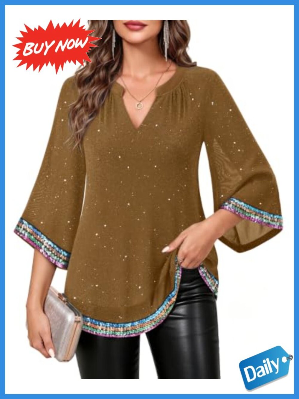 Timeson Women's 3/4 Sleeve Sequin Tunic Tops V Neck Sparkly Blouses